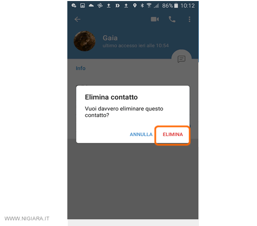 conferma la rimozione del contatto su Telegram