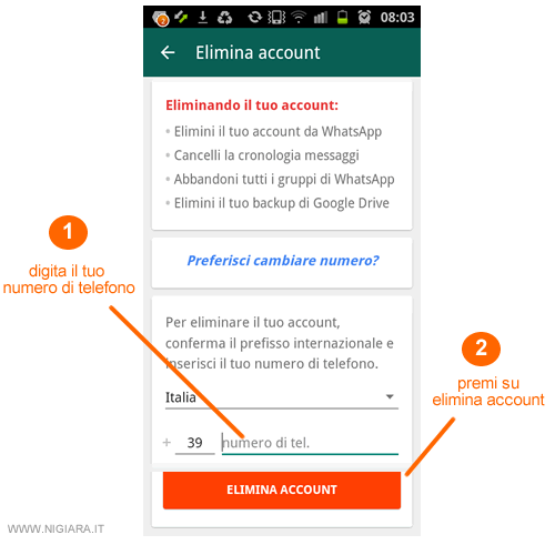 inserisci il tuo numero di telefono e clicca su Elimina account