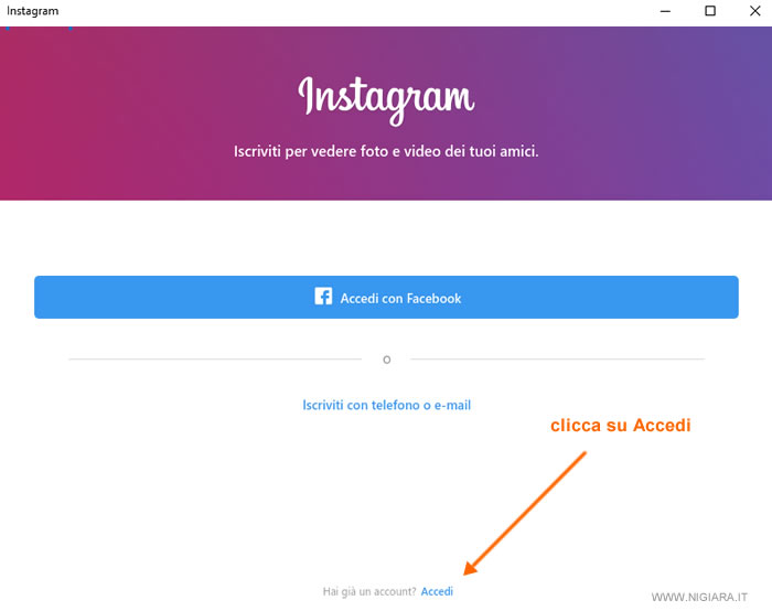 clicca su Accedi per entrare su Instagram