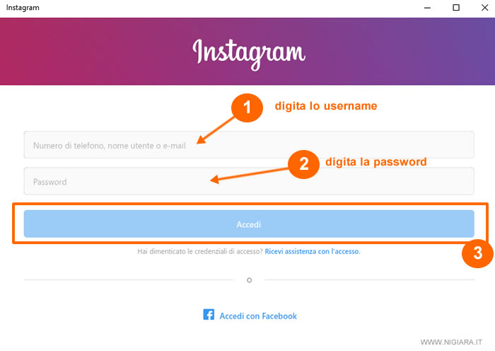 digita lo username e la password