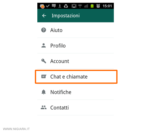 lo screenshot del menu impostazioni di WhatsApp