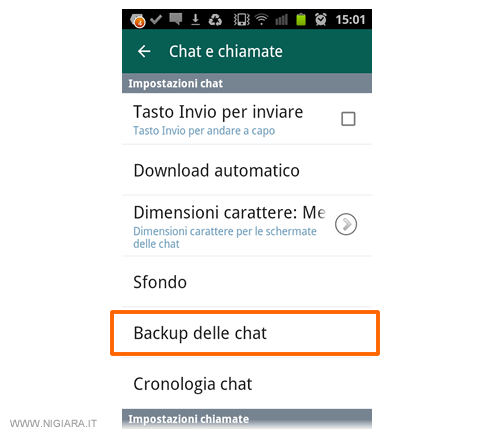 selezionare la funzione di backup delle conversazioni