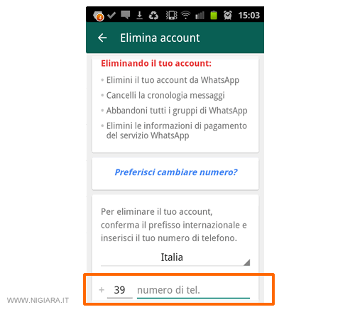 confermare la cancellazione inserendo il proprio numero di telefono 