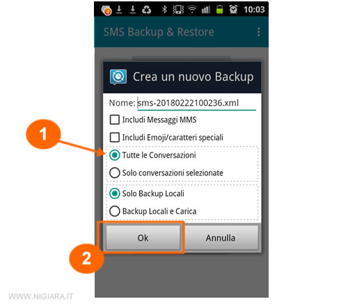 digita il nome del file di backup e premi su OK