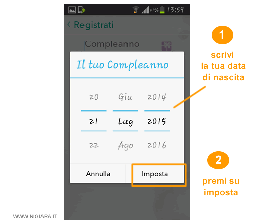 componi la tua data di nascita e premi sul pulsante IMPOSTA