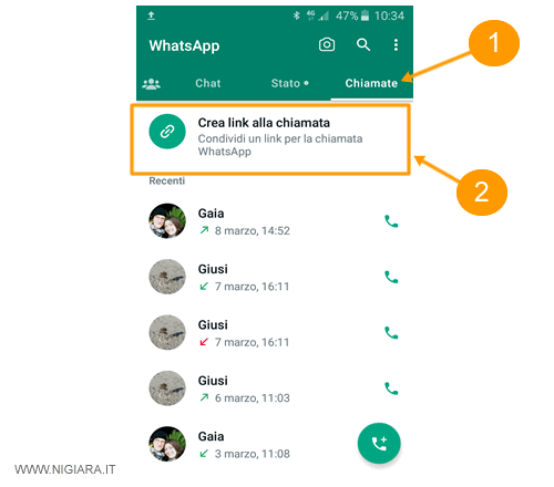 premi su Chiamate e poi su Crea link alla chiamata