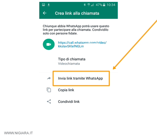 tocca la voce invia link tramite Whatsapp