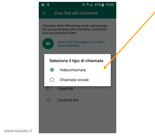 seleziona se vuoi fare una chiamata o una videochiamata