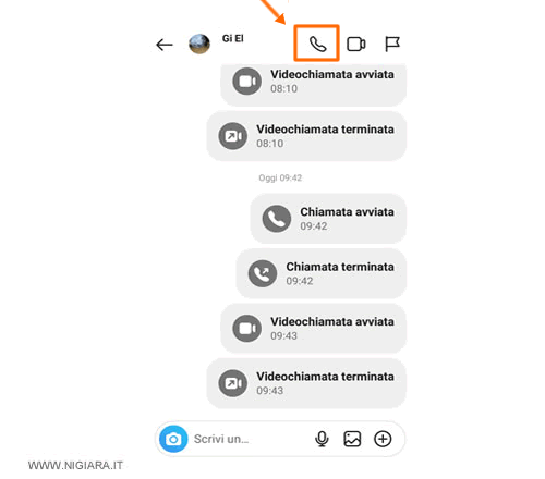 tocca l'icona con il telefono in alto a destra