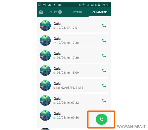 premi sull'icona delle telefonate in alto a destra