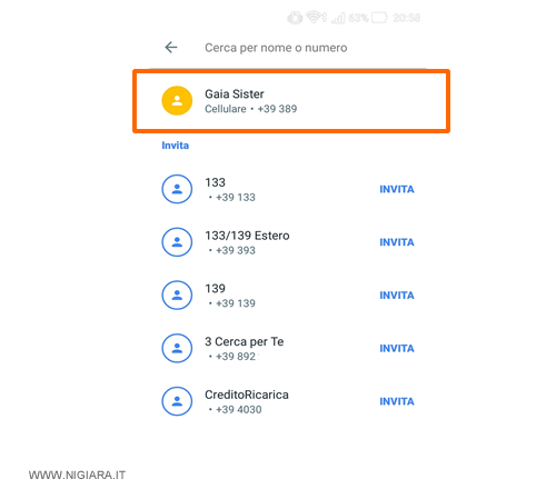 seleziona il contatto da video-chiamare