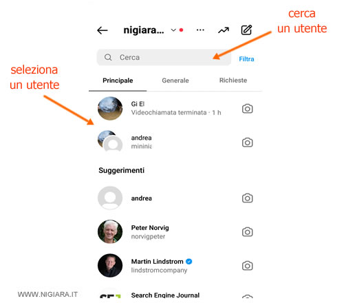 seleziona l'utente da videochiamare