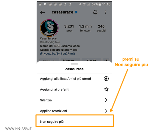 pigia sul bottone Non seguire più