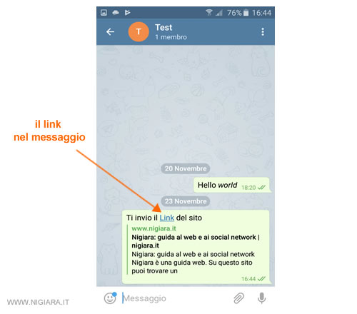nel messaggio è incluso il link