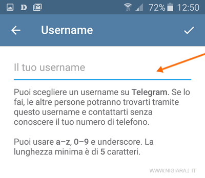 scrivi lo username che vuoi usare