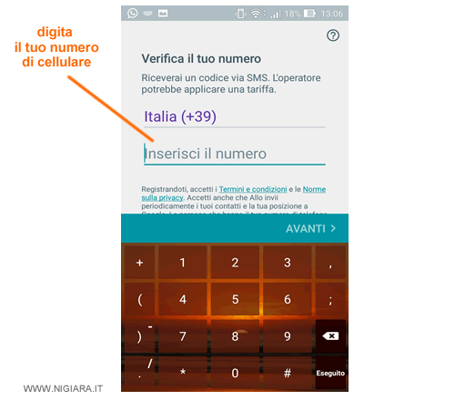 digita il tuo numero di telefono mobile