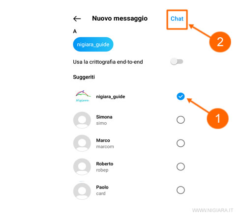 seleziona il destinatario del messaggio chat