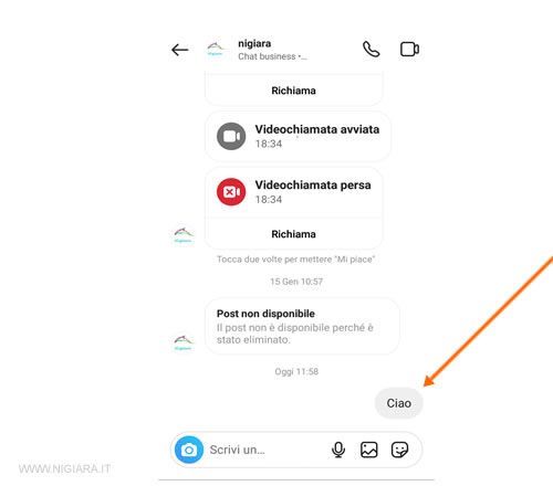 la chat della conversazione con l'utente