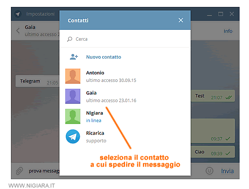 seleziona il contatto a cui vuoi spedire il messaggio