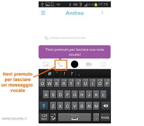 tocca sul simbolo del telefono per lasciare un messaggio vocale
