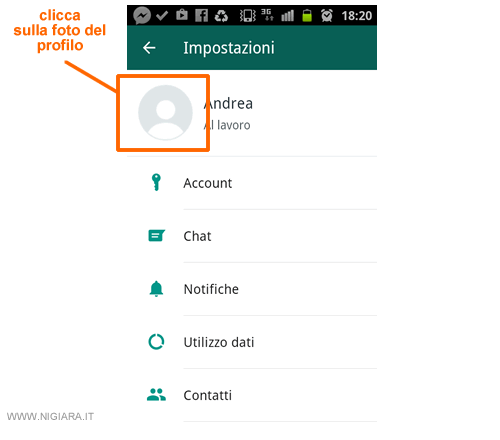 premi sulla foto del profilo nel men&ugrave; delle impostazioni di Whatsapp