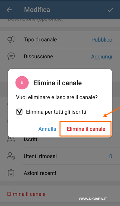 conferma la cancellazione del canale