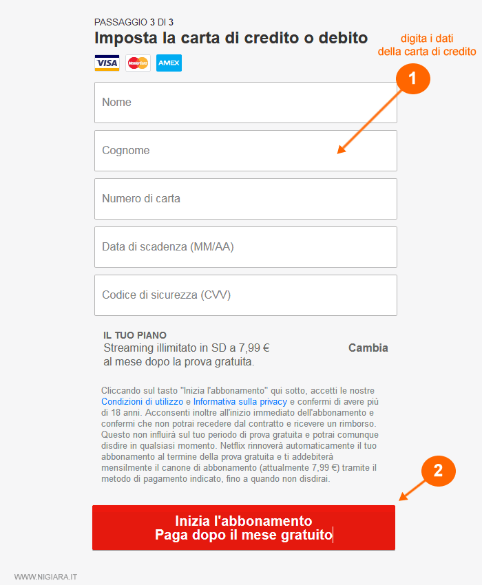digita i dati della carta di credito 