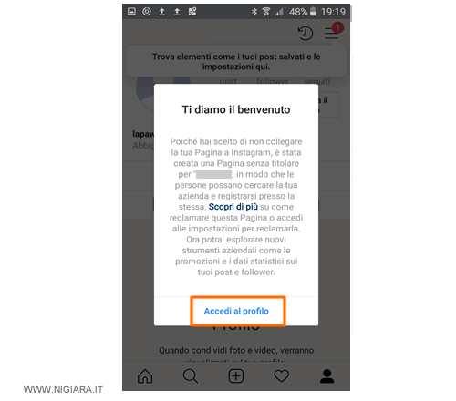 premere su Accedi per entrare sul profilo aziendale di Instagram