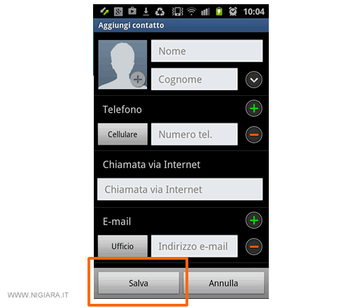 registra le informazioni sul nuovo contatto