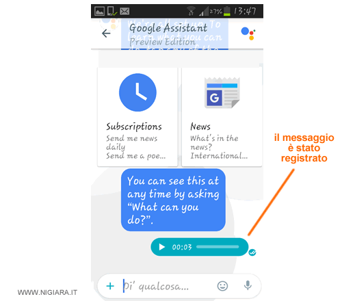il messaggio viene registrato e inviato all'assistente