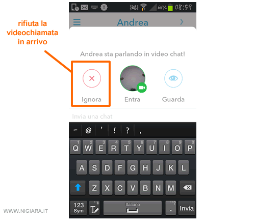 rifiuta la videochiamata in arrivo