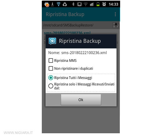 ripristina i dati degli sms dal backup