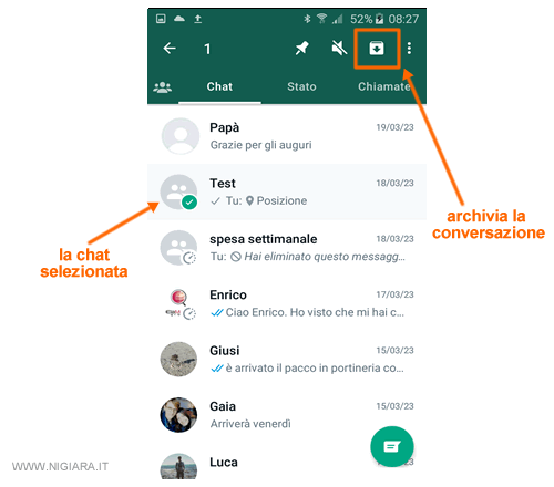 premi sull'icona con la scatola per archiviare la chat