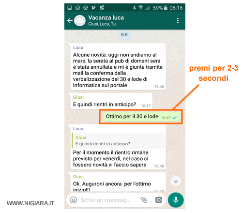 premi sul tuo messaggio per 2-3 secondi