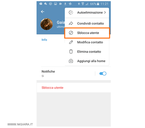 premi sulla voce SBLOCCA UTENTE