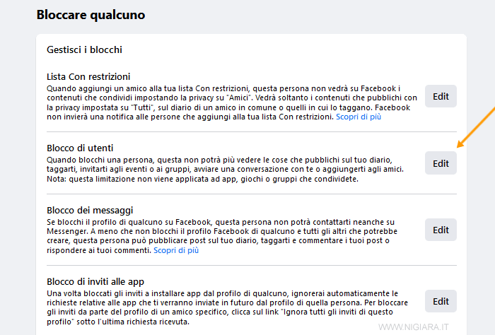 clicca su Edit vicino a Blocco utenti