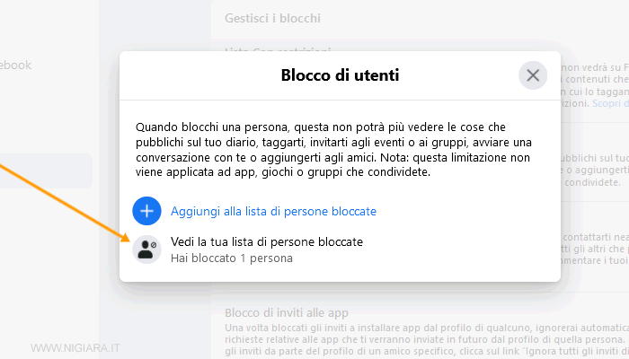 clicca su Vedi la tua lista di persone bloccate