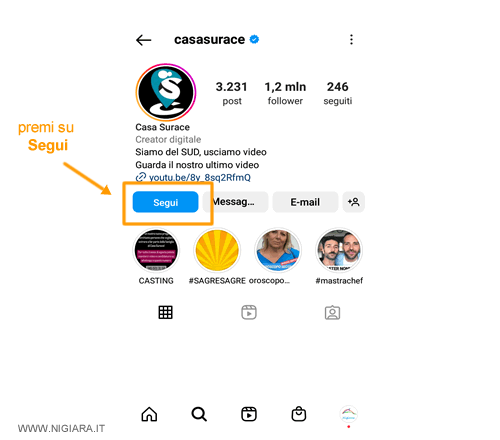 premi sul pulsante Segui per seguire la persona su Instagram