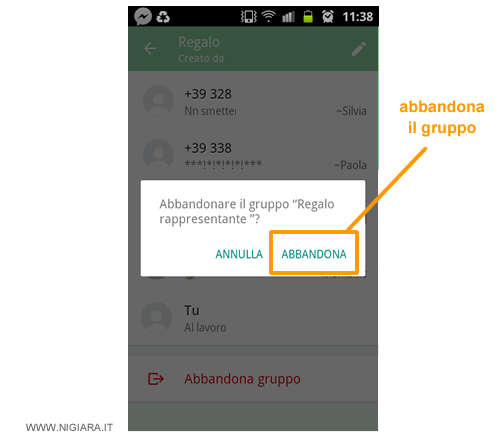 premi su Abbandona per uscire definitivamente dal gruppo