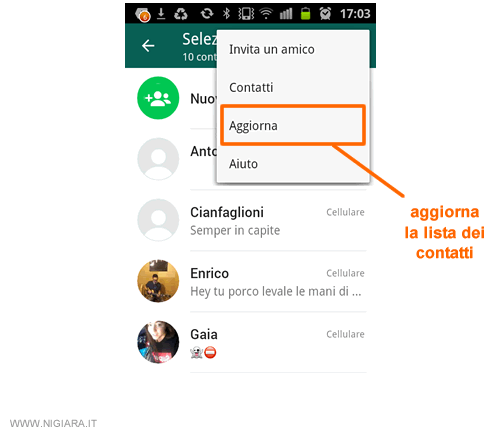 come aggiornare la lista dei contatti su Whatsapp