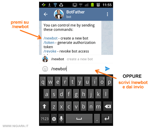 premi o scrivi /newbot per creare un nuovo bot su Telegram