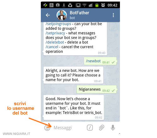 scrivi lo username dell'account del bot su Telegram