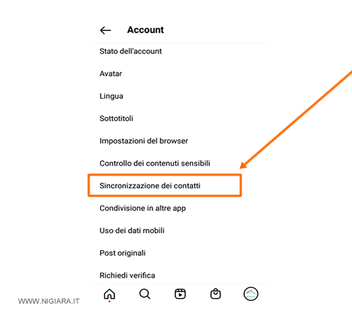 premi sulla voce sincronizzazione contatti