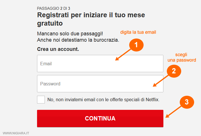inserisci la tua email e digita una password poi clicca sul pulsante Continua