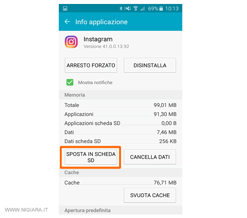 premi su Sposta in scheda SD