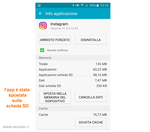 l'app è stata spostata sulla scheda SD
