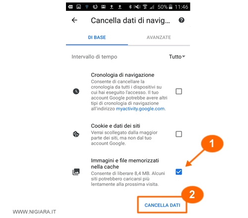 seleziona Cache e premi su Elimina