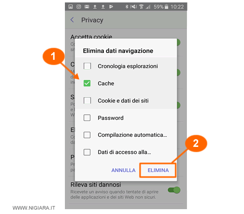seleziona Cache e premi su Elimina