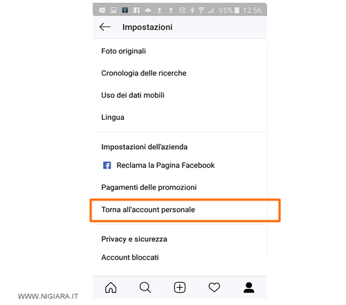 premi su Torna all'account personale
