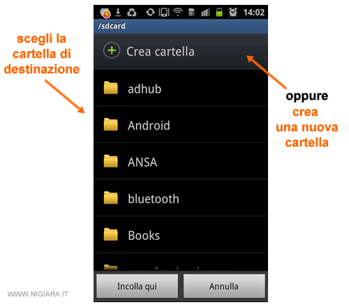 seleziona o crea una nuova cartella di destinazione